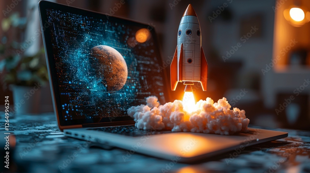 Aufkleber the image shows a rocket soaring into the air with a planetary background displayed on the laptop, s