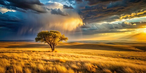 Lonely Khakassia Tree, Rainy Sunlit Steppes, Urban Exploration