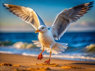 Fototapeta premium Macro Seagull Landing: Close-up of Bird's Talons Touching Down on Beach Sand