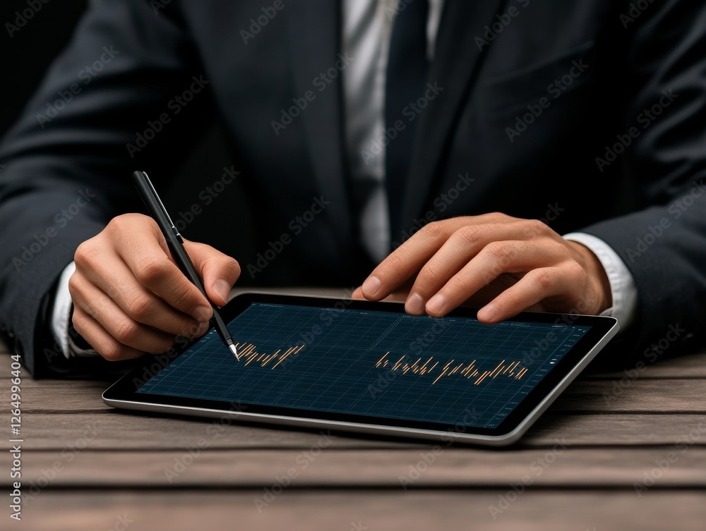 Poster professional business person analyzing data on tablet in modern setting
