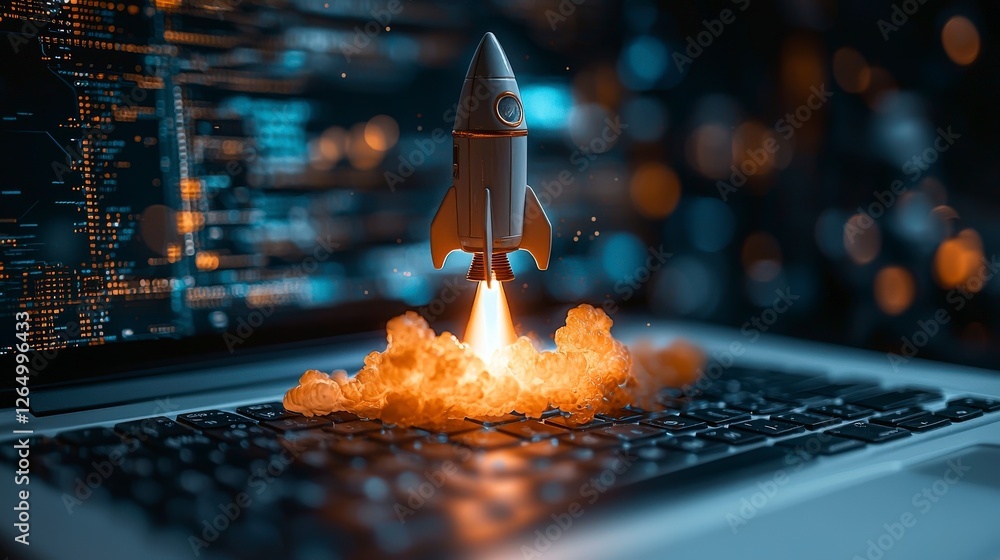 Poster featuring a rocket lifting off surrounded by vibrant clouds and a digital backdrop, this image highl