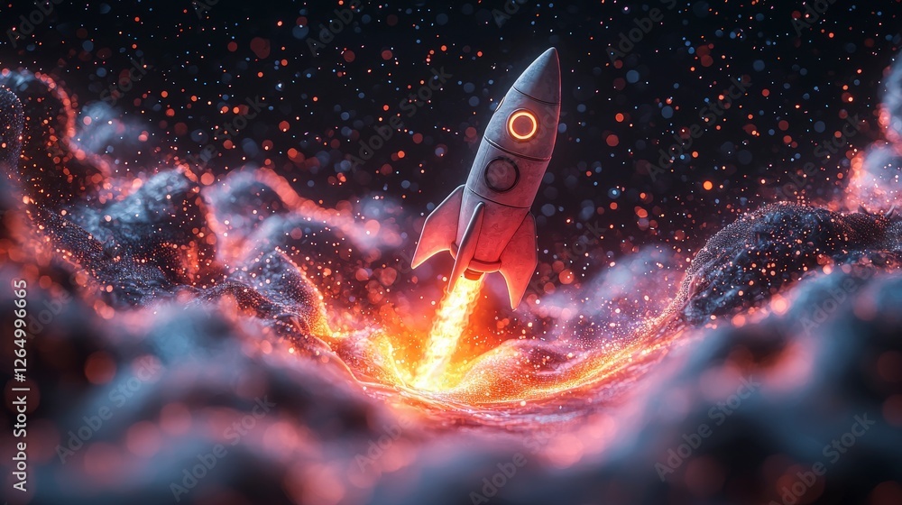 Poster this image portrays a dynamic rocket launch amidst a swirling, colorful cosmic scene, emphasizing th