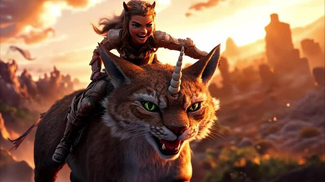 A warrior riding a large saber-toothed tiger with a unicorn horn, set against a vibrant sunset landscape.