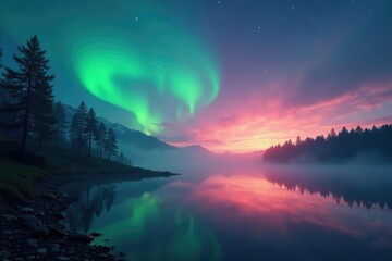 The ethereal glow of the aurora borealis illuminates a misty dawn over tranquil waters, illuminate, tranquil, dawn