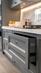 Fototapeta premium modern kitchen with grey cabinets and white countertops.