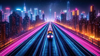 Fototapeta premium Neon City Train Night Speed Future Travel