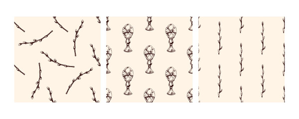Seamless vintage Easter patterns with hand-drawn willow branches and egg cups in brown on beige background