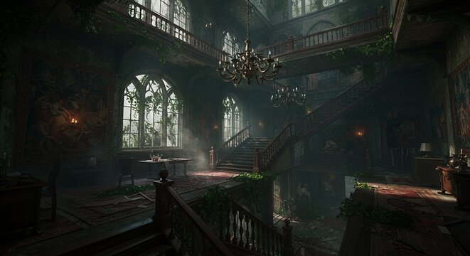 Overgrown Mansion Interior: A Glimpse into Time's Embrace and Nature's Reclaim
