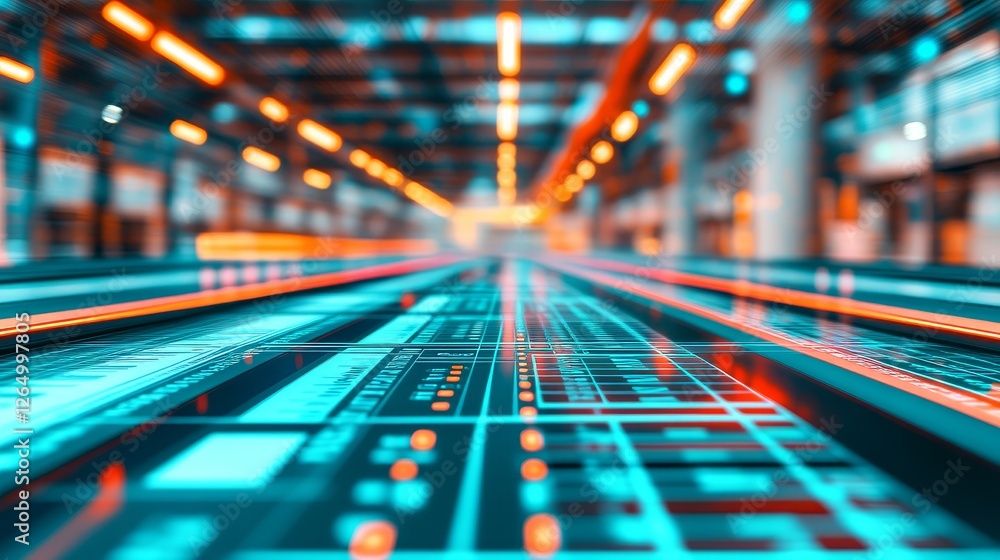 Poster futuristic business automation scene with data flow and technology