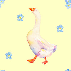 Hand-painted hand-drawn watercolor watercolour cute goose blue flowers pattern Easter, textiles prints, nursery, cottagecore animal kids print design happy easter, clothing bed linen, office supplies 