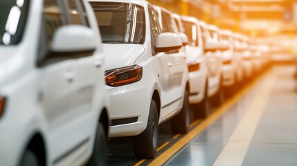 Illustrate Automated Manufacturing Plant with Vehicles in Production Line