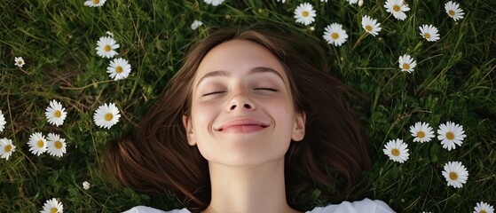 Close-up portrait of a young woman lying on a bed of green grass with white daisies scattered around her. she has long brown hair and is wearing a white top.