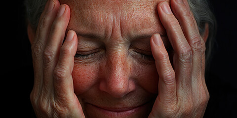 Fototapeta premium Close-up Photograph of Elderly Woman's Face Partially Covered by Hands