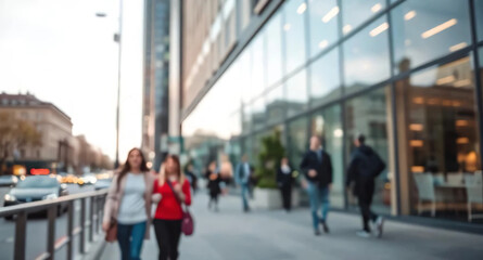 Blurred people walking in modern city