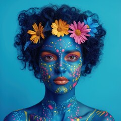 Vibrant portrait of a woman with blue artistic body paint and flowers