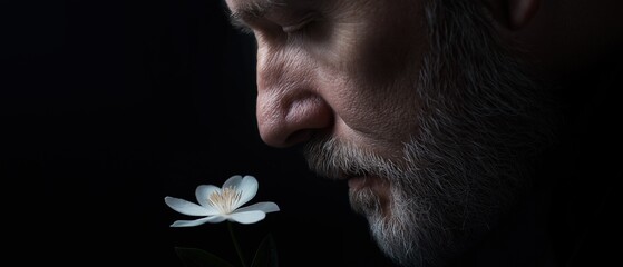 Close-up portrait of a man's face, with his eyes closed and his head tilted downwards. he has a white beard and mustache, and his face is illuminated by a soft light.