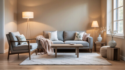 Contemporary Scandinavian living room with beige soft couch minimalist design accents and expansive windows that provide ample daylight and comfort Modern Interior Design Inspiration