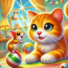 Playful Kitten and Cheerful Mouse in a Cozy Room