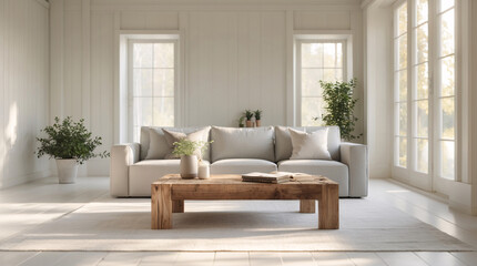 Fototapeta premium Contemporary Scandinavian living room with beige soft couch design accents and expansive windows that provide ample daylight and comfort minimalist Modern Interior Design Inspiration