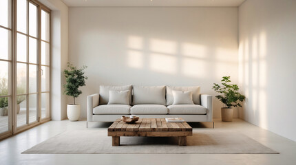 Fototapeta premium Cozy Scandinavian living room with beige sofa contemporary design accents and expansive windows offering plenty of natural light and bright surroundings Modern Interior Design Inspiration
