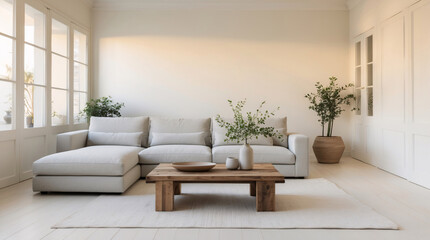 Elegant Scandinavian living room with beige soft couch sleek design elements and large windows filling the room with natural daylight and serenity Modern Interior Design Inspiration