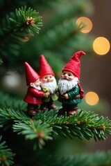 Obraz premium Small dwarfs gather on a green Christmas tree, Miniature Figures, Evergreen Branches, Tiny Dwarfs