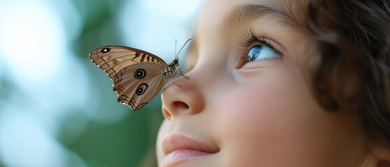 Close-up of a young child's face, with a butterfly perched on their nose. the child is looking up at the butterfly with a curious expression on their face.