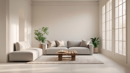 Relaxing Scandinavian living room with beige couch sleek design elements and large windows bringing in natural light to create a calm environment Modern Interior Design Inspiration