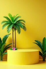 Fototapeta premium pedestal shelf with lush palm trees leaves on a sunny yellow podium, palm trees, shelf, flowers