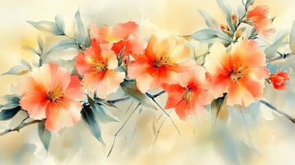Fototapeta premium Gentle Watercolor Floral, Peach Wildflowers, Pale Yellow, Ivory Background, Soft Delicate Artwork