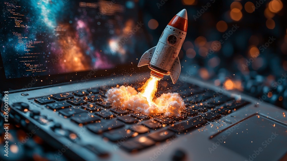 Poster a whimsical rocket launching from a laptop keyboard into a colorful cosmic backdrop, representing th