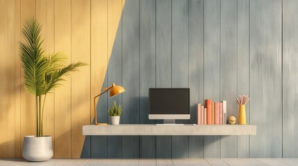 Stylish Modern Workspace with Yellow and Blue Walls and Green Plant Decor