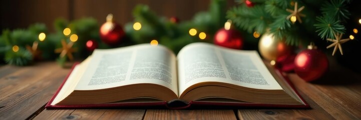 Open book on a wooden surface with Christmas ornaments and a small Christmas tree nearby, garland, festive