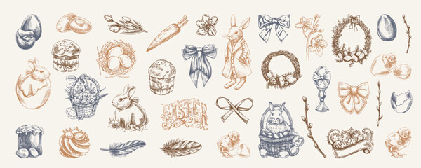 Vintage Easter set with bunnies, eggs, wreaths, ribbons, and festive elements in beige, blue, and brown tones