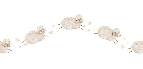 Jumping sheep, clouds and stars. Watercolor nursery seamless border. Tally dreamy lamb in order to fall asleep. Banner farm animal for scrapbook, textile, linen, baby shower, wallpaper © Fedulova_art