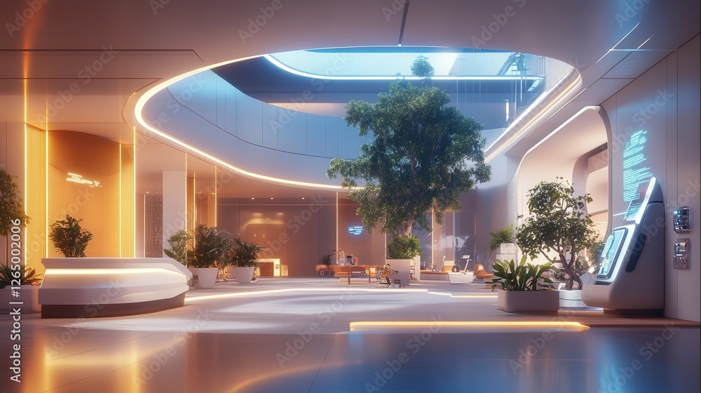 Poster fully automated office building with ai-driven climate control, energy-efficient lighting, and robot