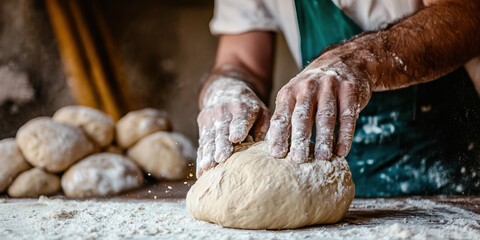 Baker Kneading Dough with Flour