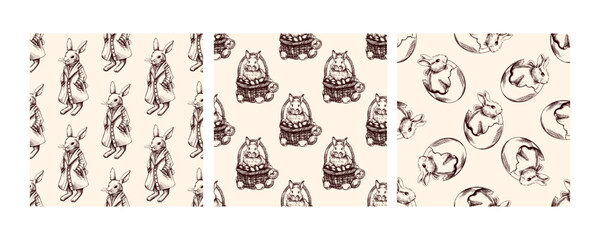 Seamless Easter patterns with bunnies and eggs in brown on beige background