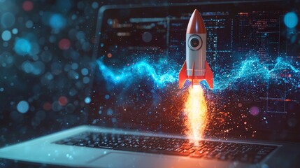 A visually striking image of a stylized rocket taking off from a laptop screen, surrounded by swirling energy, representing the limitless possibilities of technology and creativity.