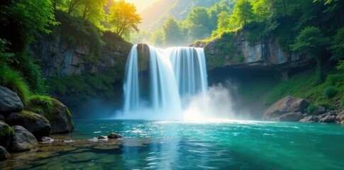 Misty waterfall cascading into crystal clear lake, river, misty