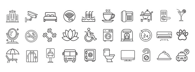 Fototapeta premium Hotel and hostel service and hospitality icons set on white background flat vector.