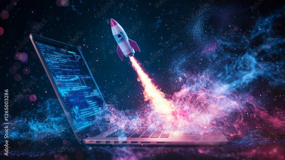 Poster a mesmerizing representation of a rocket soaring from a laptop in a mystic setting, encapsulating th