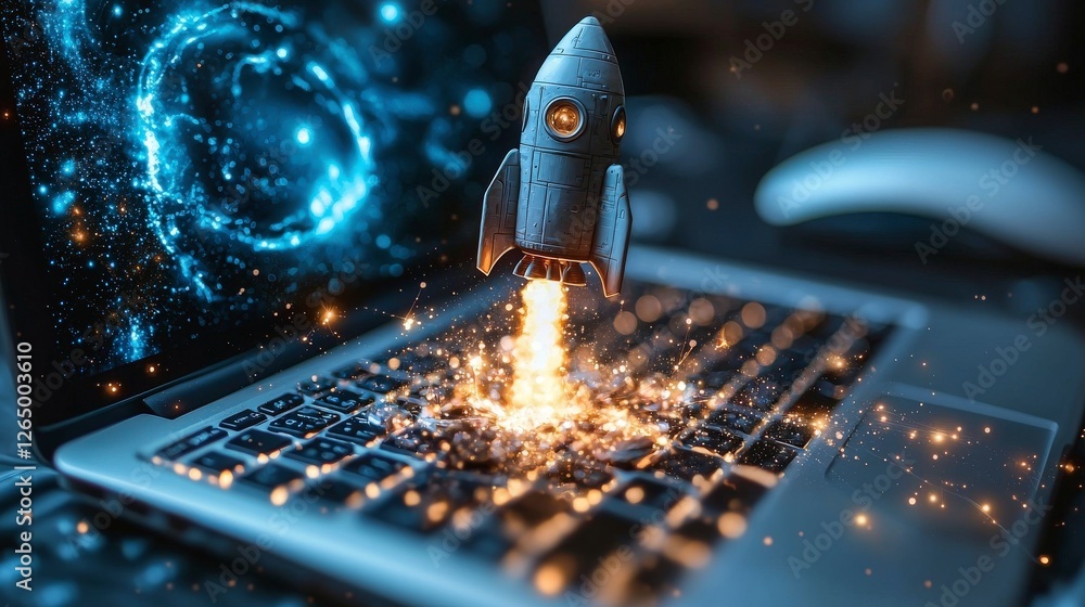 Poster a stunning visual of a rocket igniting from a digital device, illustrating the convergence of techno