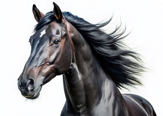 Obraz premium Majestic Black Horse Portrait: Elegant Equine Close-up on White Background - Banner Image