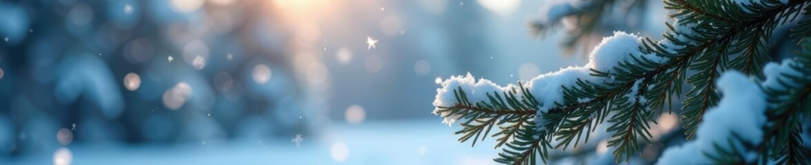 Frosty morning with snowflakes gently falling on a bare Christmas tree, frost, sparkling, white