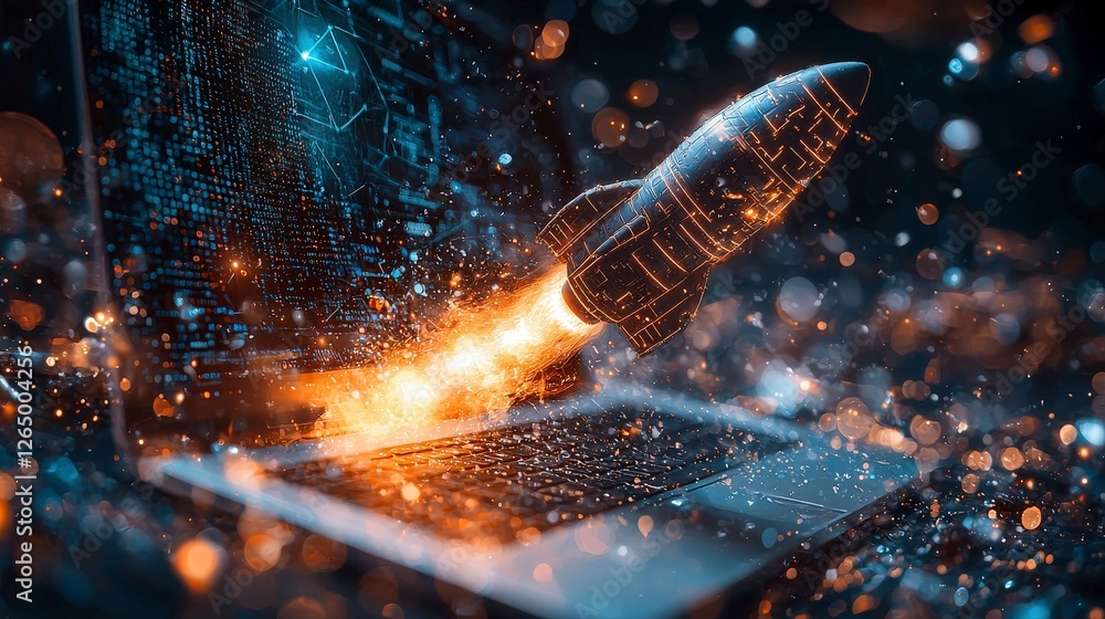 Poster an enthralling digital rendering of a dynamic rocket launching from a laptop, illustrating the vibra