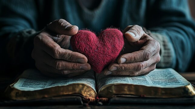 The Christian concept of love is illustrated in a close-up image of a red heart in a bible, held by a man's hands on a wooden table