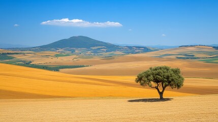 Fototapeta premium Serene Landscape with Isolated Tree Against Golden Rolling Hills