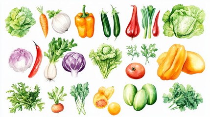 A collection of vegetable vector elements featuring watercolor illustrations, all isolated against a white background for a clean and artistic look
