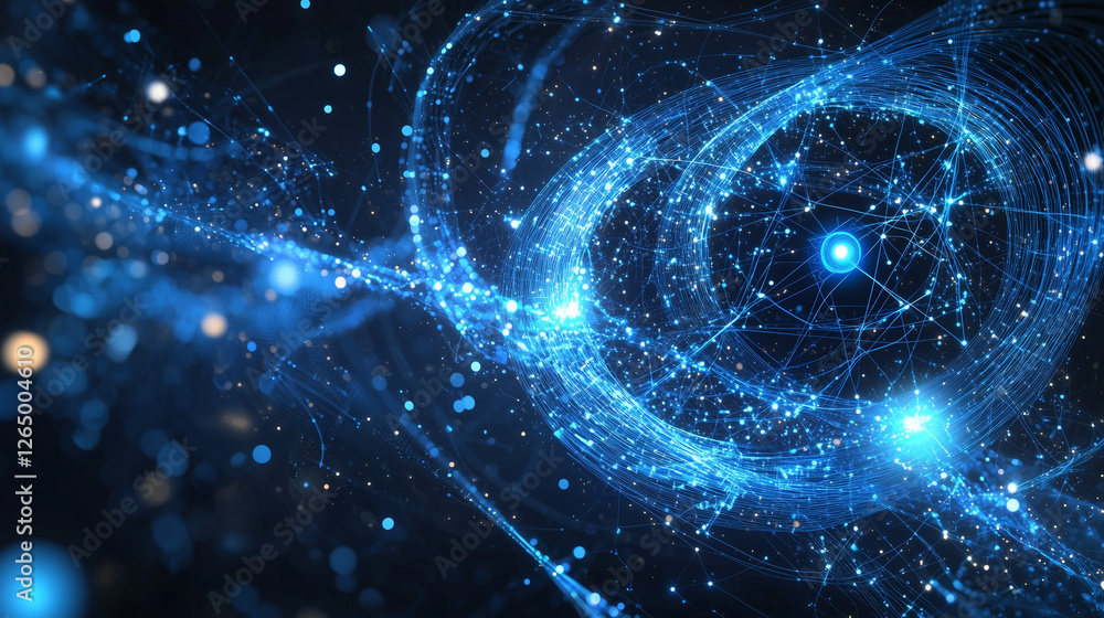 Aufkleber an abstract digital artwork depicting a swirling cosmos of interconnected nodes, glowing blue energy